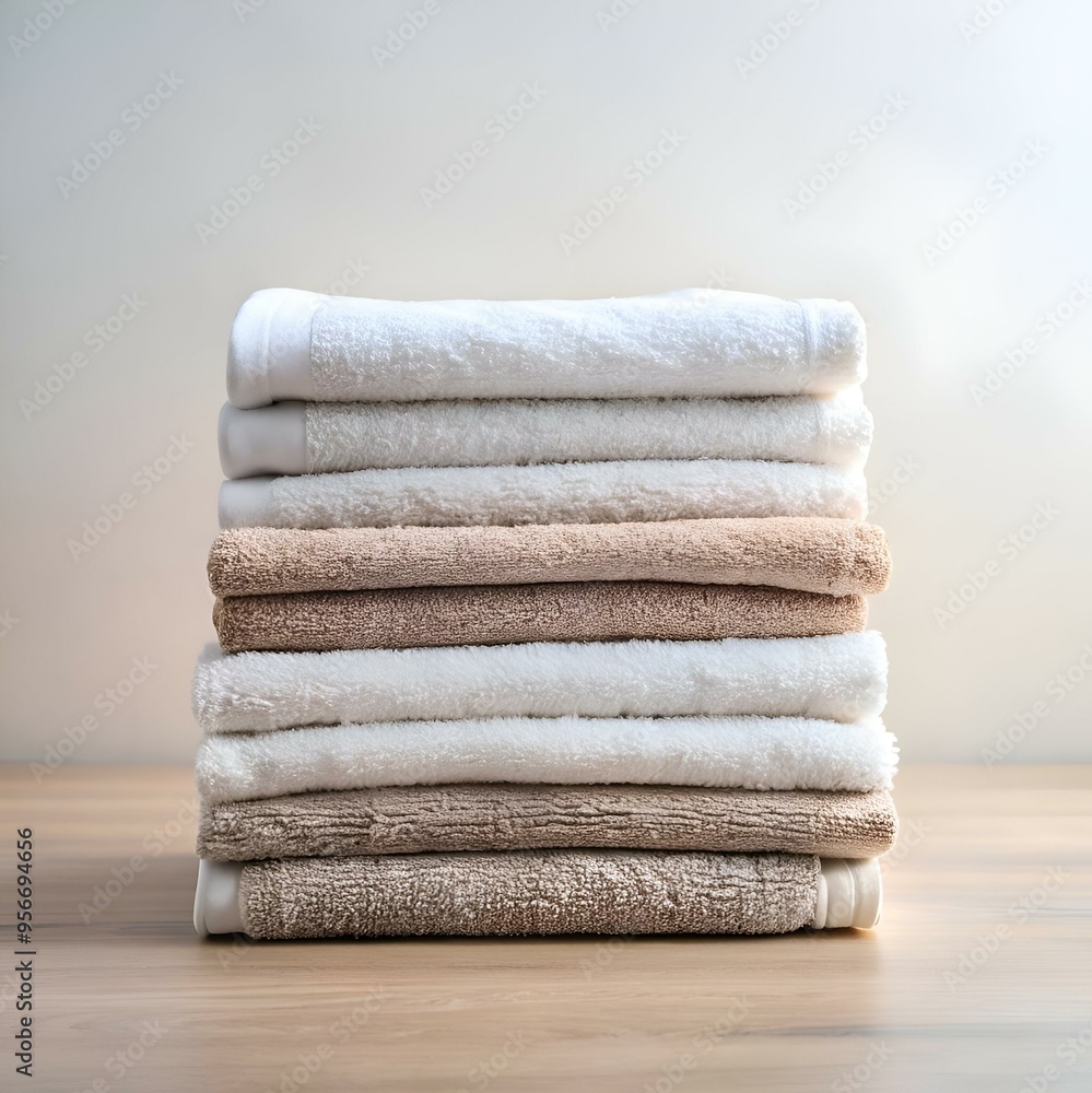 Poster a neatly stacked pile of fluffy white and beige towels. perfect for adding a touch of cleanliness an