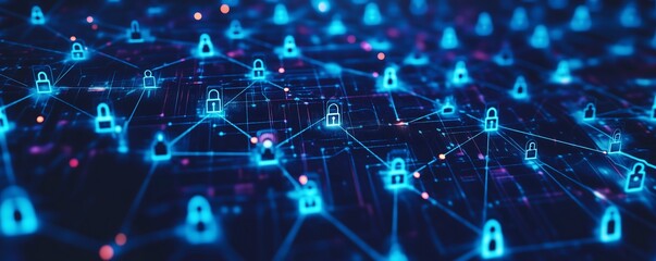 Obraz premium Digital Network Security and Protection, Complex Cybersecurity Connections with Padlocks