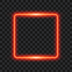 Red neon square, glowing effect border on transparent background, vector illustration. © Vectorry