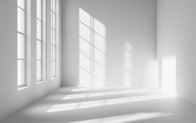 Obraz premium Minimalist Abstract White Background with Soft Shadows and Light Reflections, Ideal for Product Display or Advertising Backdrop in a Studio Setting