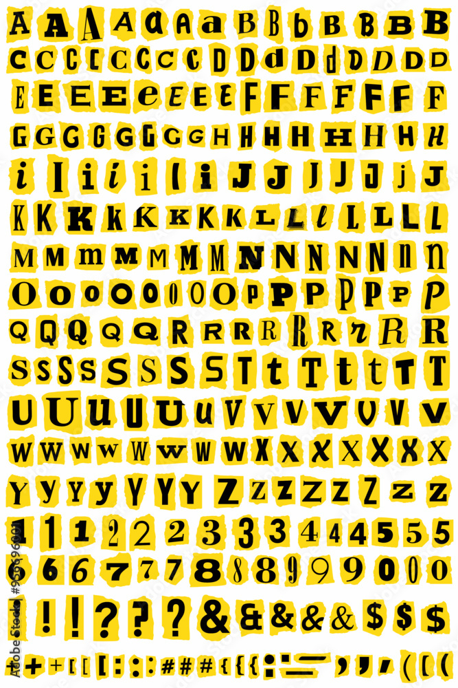 Fototapete ransom letters collage cut out vector alphabet. blackmail ransom kidnapper anonymous note font. lati