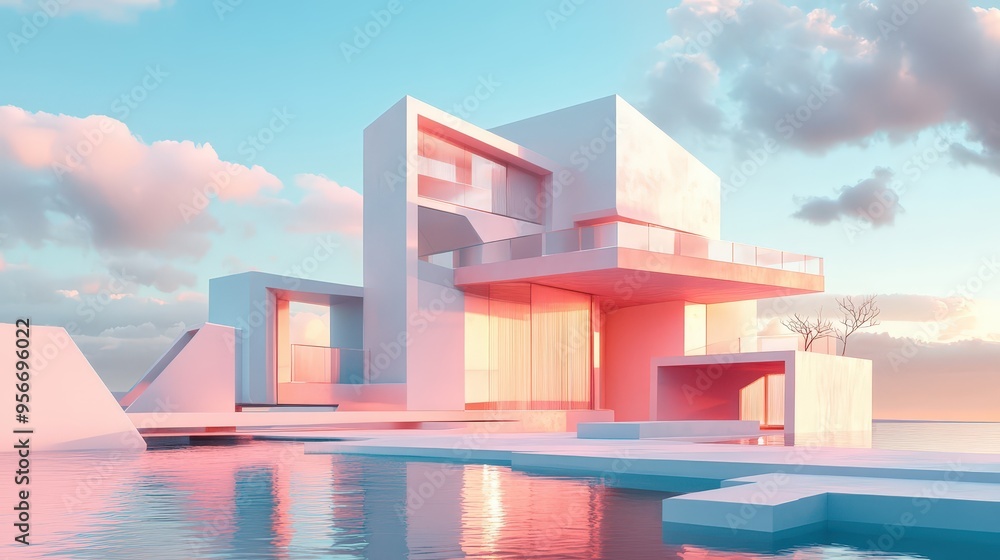 Poster modern architectural design featuring sharp geometric forms and serene waterscape.
