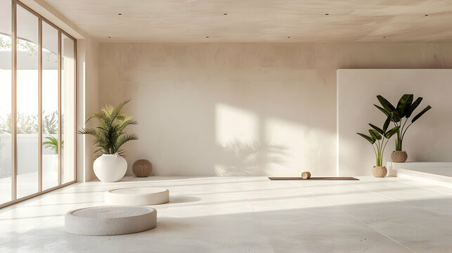 Empty yoga classroom with a minimal soothing decor