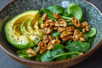 A salad full of healthy omega 3 fatty acids, including baby spinach leaf, avocado and walnuts for healthy hair skin and nails.