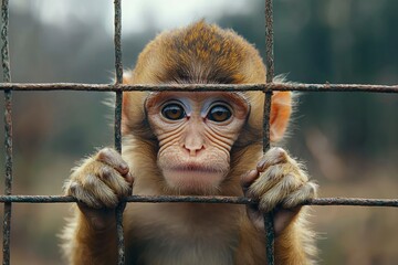 Young Monkey Looking Through a Cage