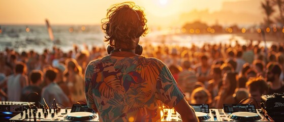 Dj mixing outdoor at beach party festival with crowd of people in background - Summer nightlife 
