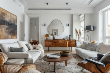 Fototapeta premium Scandinavian-style living room with white walls, featuring an elegant blue-gray and walnut wood sideboard, contemporary furniture, including a sofa, coffee table, dining chairs, floor lamp, mirror