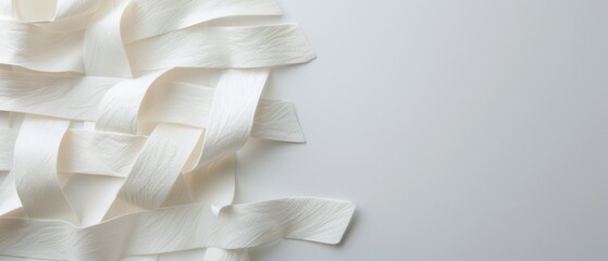 Delicate white fabric ribbons intricately woven over a soft neutral background, creating a serene and textured visual pattern that evokes elegance and simplicity.
