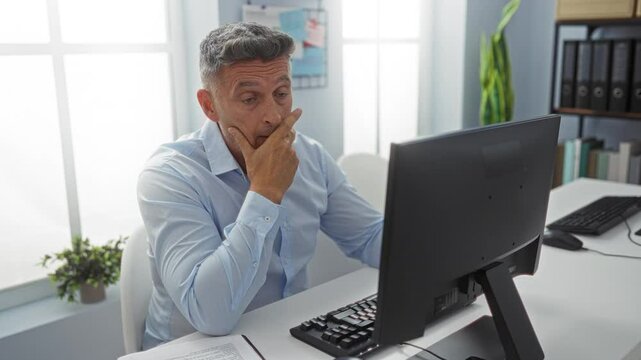 Middle aged man sitting at a desk in an office room with hands on his face, looking stressed while working on a computer, surrounded by documents, a keyboard, and office supplies