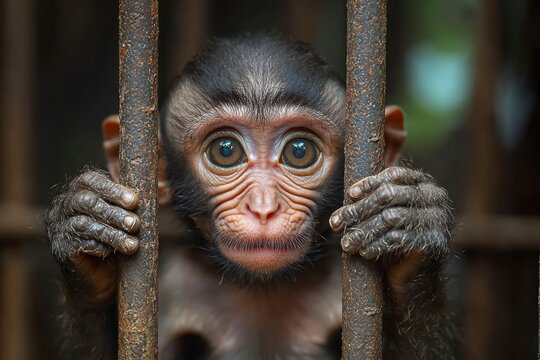 Young Monkey Trapped Behind Bars, Gazing Outwards