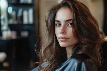 Beautiful brunette woman in her 30s looking at the camera, with lush hair in a hair salon, Fresh Blow Wave or Blow Dry and Styling.