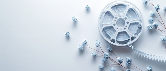 Film reel surrounded by delicate blue flowers on a smooth white background, symbolizing creativity, nostalgia, and the art of storytelling in cinema.