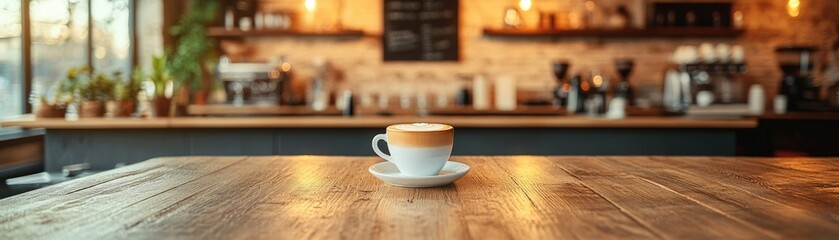 Obraz premium Small white board, latte on counter, stylish cafe, warm tones, 8K HD detail