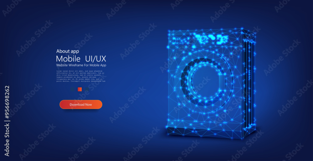 Leinwandbilder futuristic 3d vector illustration of a washing machine in a glowing neon wireframe style, representi