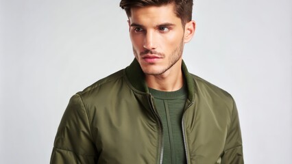 Obraz premium Man Wearing a Green Bomber Jacket and Looking Away