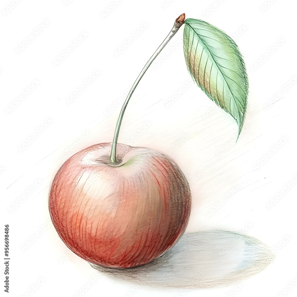 Poster a realistic pencil drawing of a single cherry with a leaf. perfect for adding a touch of nature to y