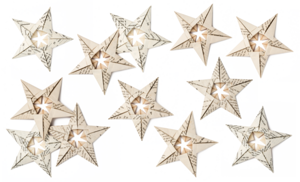 set of hand folded origami paper stars made of antique book pages isolated over a transparent background, paper craft, book art, sustainable Christmas and eco friendly holiday home decor concept, PNG - Powered by Adobe