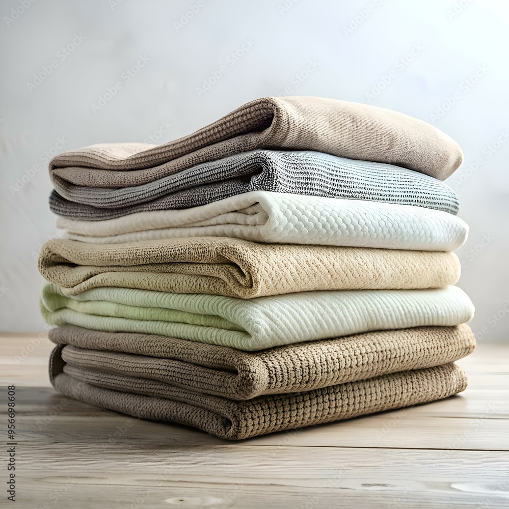 Poster a neat stack of folded blankets in various earthy tones. showcasing a cozy and inviting atmosphere.