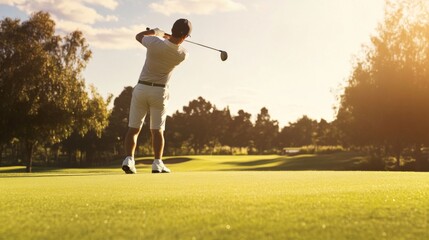 Golfer Swinging at Sunset