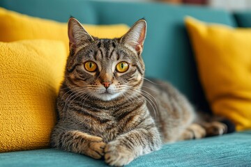 Obraz premium Tabby Cat Resting on a Couch with Yellow Pillows