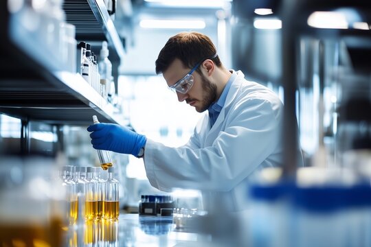 Scientist in a Laboratory Developing Specialized Haircare Products, Shampoo and Conditioner, Serum for Hair Loss Treatment and Research