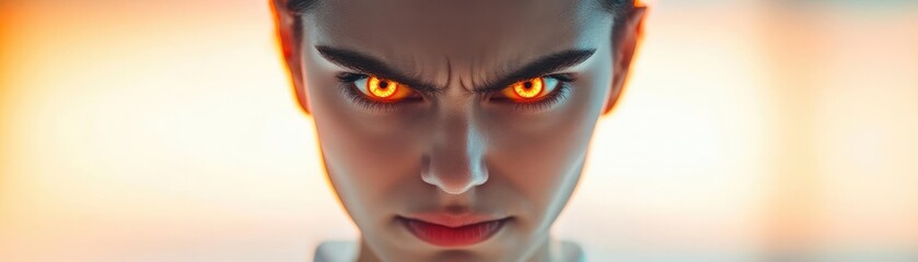 Obraz premium Person with a fiery gaze of anger, yet an optimistic smile, determined expression, bright background symbolizing positivity, sharp details, high contrast, dynamic energy