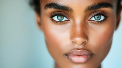 Fototapeta premium Person with a neutral expression, a touch of surprise in their charismatic eyes, soft shadows, detailed close-up, gentle lighting, serene mood
