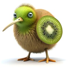 Cute 3D illustration of a kiwi bird with a kiwi fruit slice on its back.