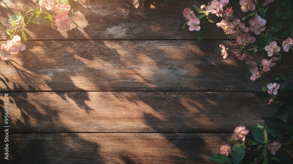 Poster Soft shadows of pink flowers on rustic wooden surface for natural decor and design inspiration.