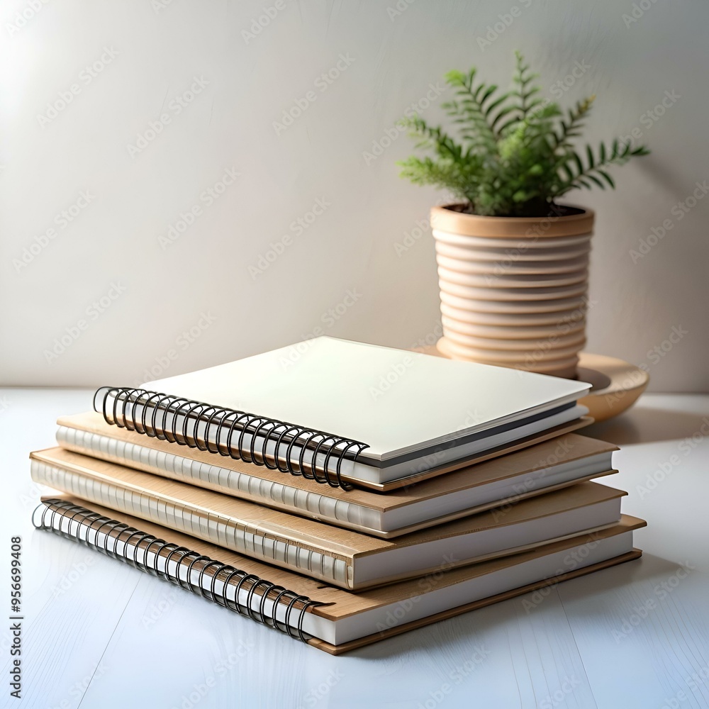 Poster a stack of blank. spiral bound notebooks on a white table with a potted plant in the background.