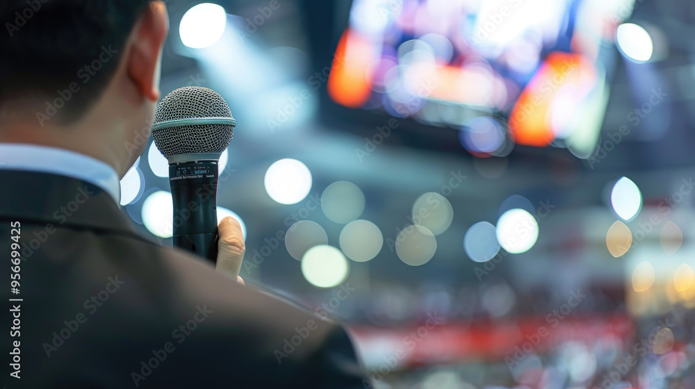 Poster a professional speaker captivates an audience with a microphone in hand, set against a backdrop of d