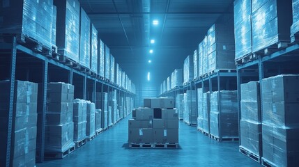 Rows of pallets piled with cardboard boxes inside an expansive cold storage, soft blue lighting reflecting off frozen surfaces, industrial shelving