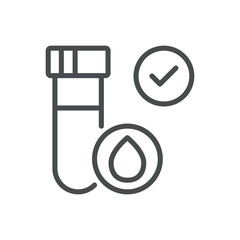 Blood Test Check-Up Icon. Simple Line Illustration of a Test Tube with a Blood Drop and Checkmark, Symbolizing Medical Analysis and Health Examination.