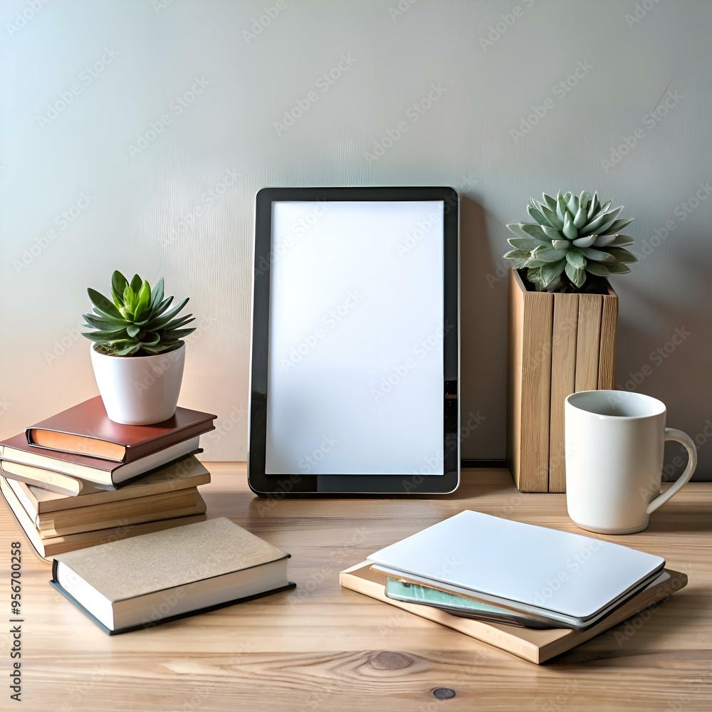 Aufkleber a clean and minimalist workspace with a blank tablet frame. succulents. a stack of books. a notebook