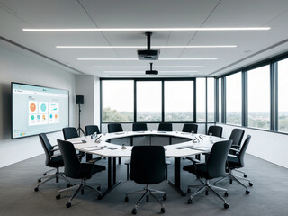 A futuristic conference room with curved, chrome-accented furniture