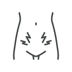 Lower Abdominal Pain Icon. Simple Line Illustration of a Female Torso with Pain Symbols, Representing Pelvic Pain and Gynecological Issues.