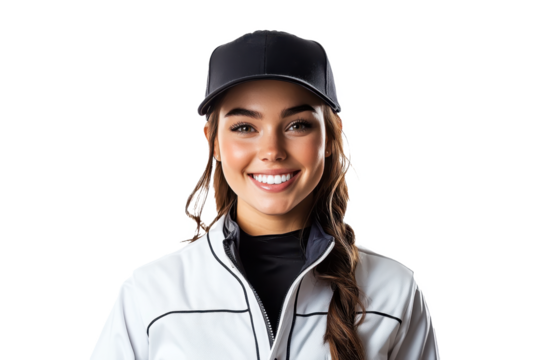 Front-facing portrait of a joyful American female baseball player, isolated on a white transparent PNG cutout background, captured with professional softbox lighting.