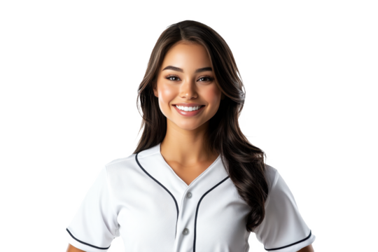 Front-facing portrait of a joyful American female baseball player, isolated on a white transparent PNG cutout background, captured with professional softbox lighting.