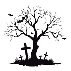 Halloween tree silhouette. Scary day. Isolated in white background.
