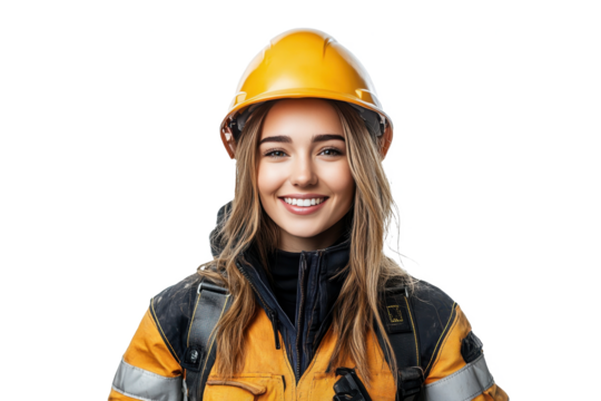 Front view portrait of a smiling American female construction worker, set against a white transparent PNG cutout background, with professional softbox lighting for a sharp image. - Powered by Adobe