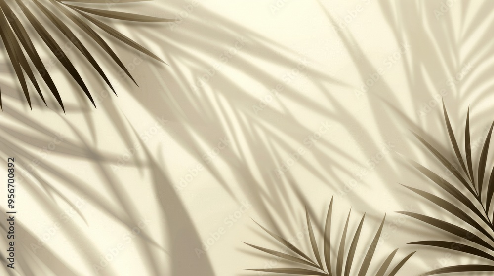 Poster a soft and elegant background featuring palm leaf shadows. the gentle tones create a tranquil atmosp