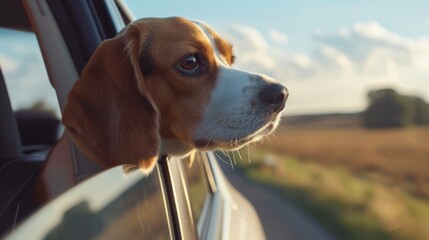 Beagle Enjoying a Scenic Drive with the Window Down on a Sunny Day
