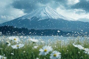Fuji mountain in the snowing day with beautiful flowers garden