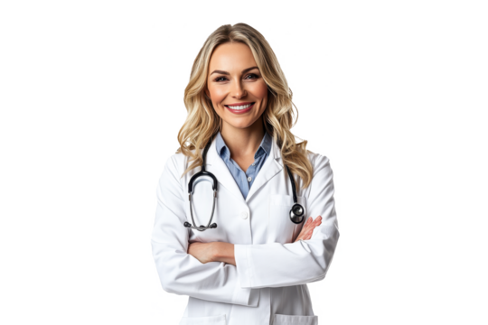 Cheerful American female doctor portrait, front view, isolated on a white transparent PNG cutout backdrop, shot with professional softbox lighting for optimal clarity.