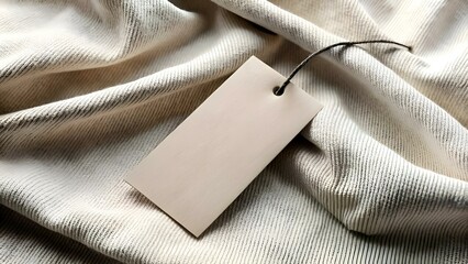 Blank brown tag mockup on a natural linen fabric background.