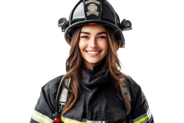 Front-facing portrait of a delighted American female firefighter, against a white transparent PNG cutout background, captured with a professional softbox for a bright finish.