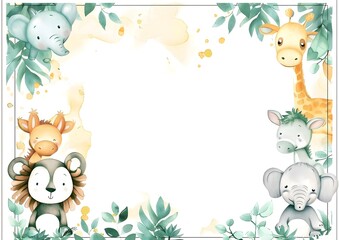 Naklejka premium Watercolor frame with cute animals and floral elements for invitation or greeting card. Template for quotes, and greetings cards