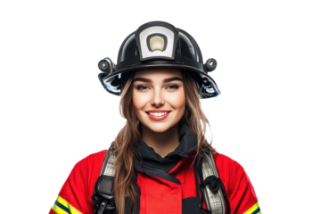 Front-facing portrait of a delighted American female firefighter, against a white transparent PNG cutout background, captured with a professional softbox for a bright finish.