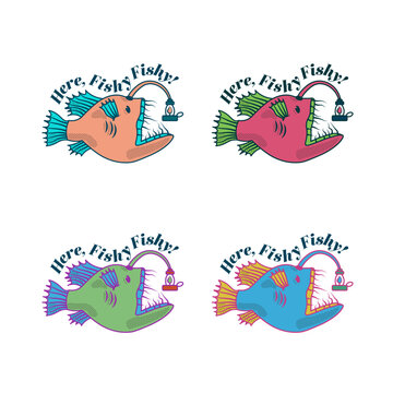 Four colorful anglerfish with a lantern for the light