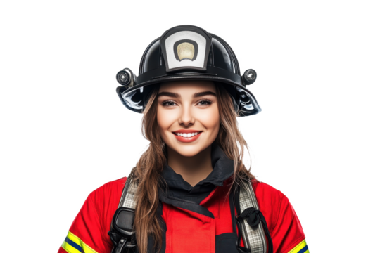 Front-facing portrait of a delighted American female firefighter, against a white transparent PNG cutout background, captured with a professional softbox for a bright finish.